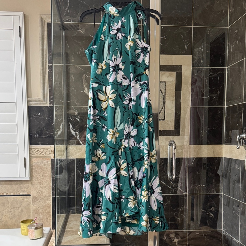 Maggy London Teal Green Floral Midi Halter Dress